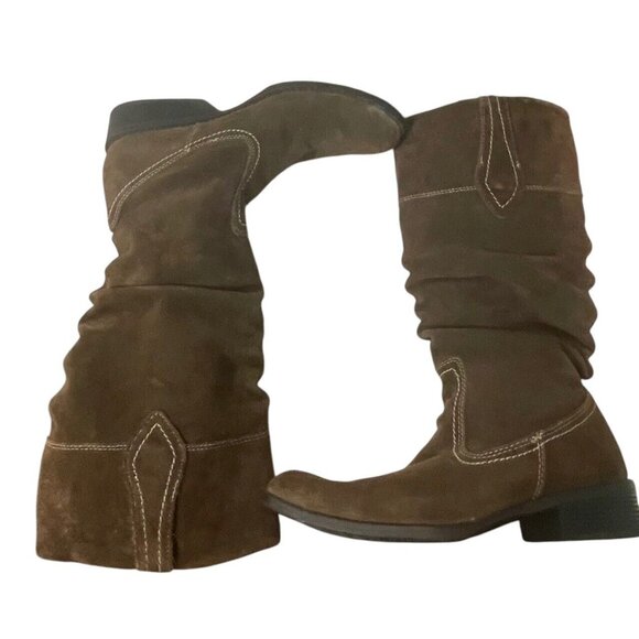 Merona Womens Size 9  Brown Suede Leather Boots Gathered Slouchy Western Pull On - Picture 9 of 12